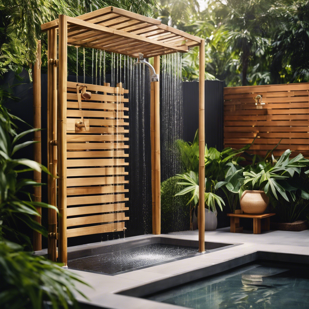 An image showcasing a modern, eco-friendly outdoor shower nestled in a lush backyard oasis