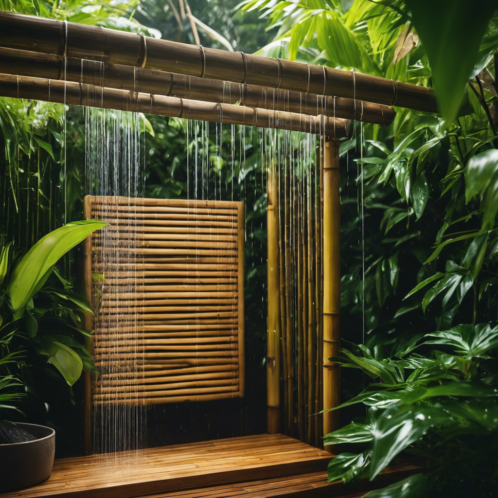 An image showcasing an outdoor shower nestled amidst lush greenery, with a rainfall showerhead cascading water down from a bamboo canopy