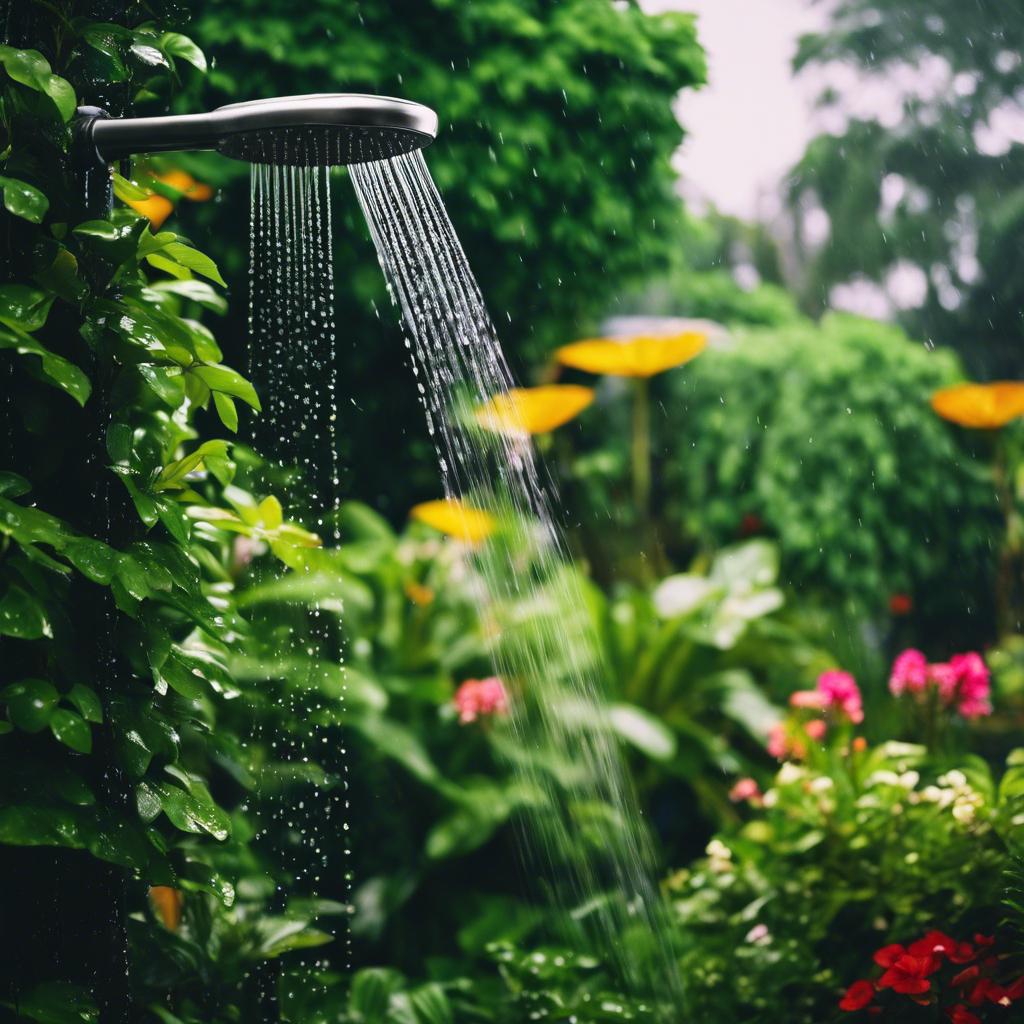 A captivating image showcasing an outdoor shower nestled amidst lush greenery, surrounded by blooming flowers and glistening droplets of water cascading down from a revitalizing rainfall showerhead, evoking a sense of tranquility and ultimate relaxation