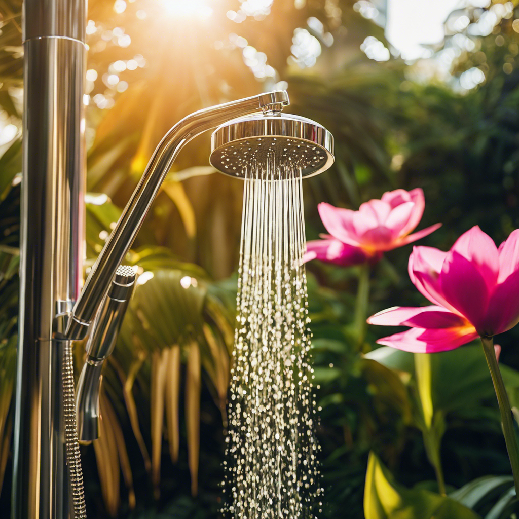 An image showcasing a blissful outdoor shower experience: a sun-drenched, lush tropical setting with a sleek, modern showerhead glistening under cascading water, surrounded by vibrant flowers, and a serene, open sky overhead