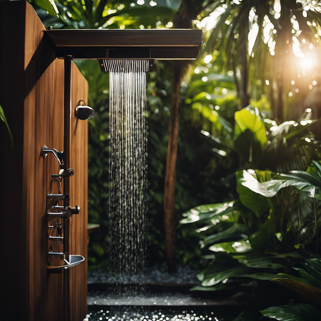 An image showcasing a luxurious outdoor shower nestled amidst lush, tropical foliage