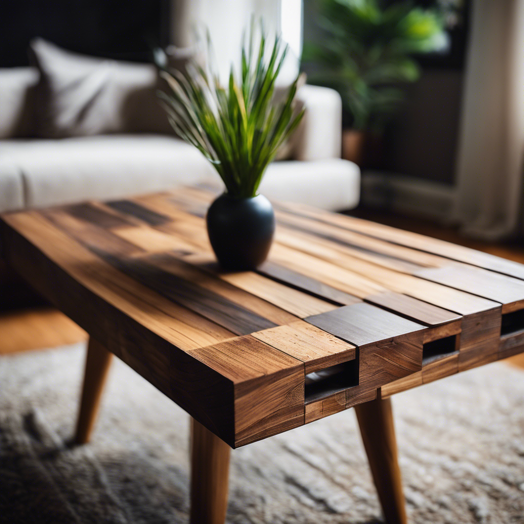 An image showcasing a stunning, handcrafted scrap wood end table as the centerpiece of a living room