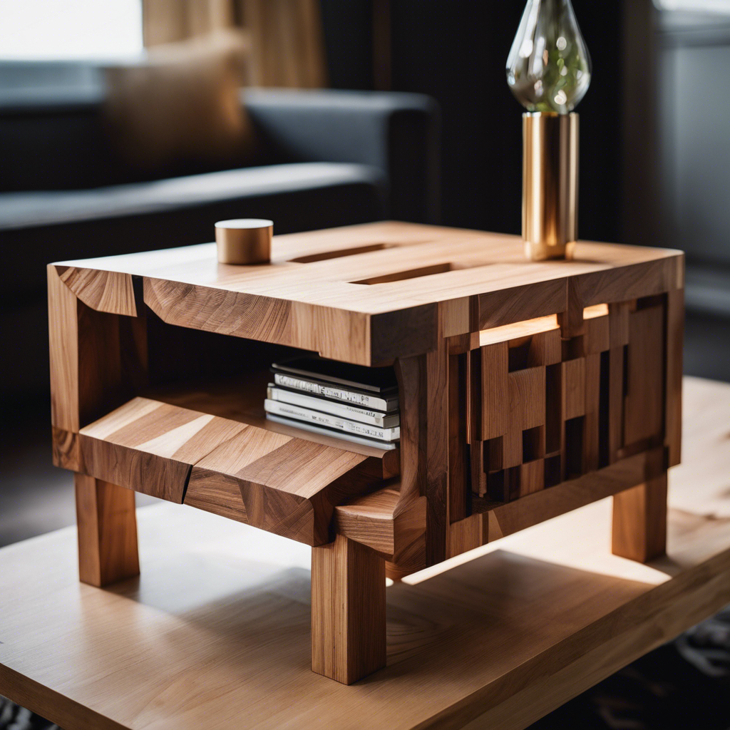 An image showcasing the intricate joinery techniques employed in crafting the groundbreaking scrap wood end table