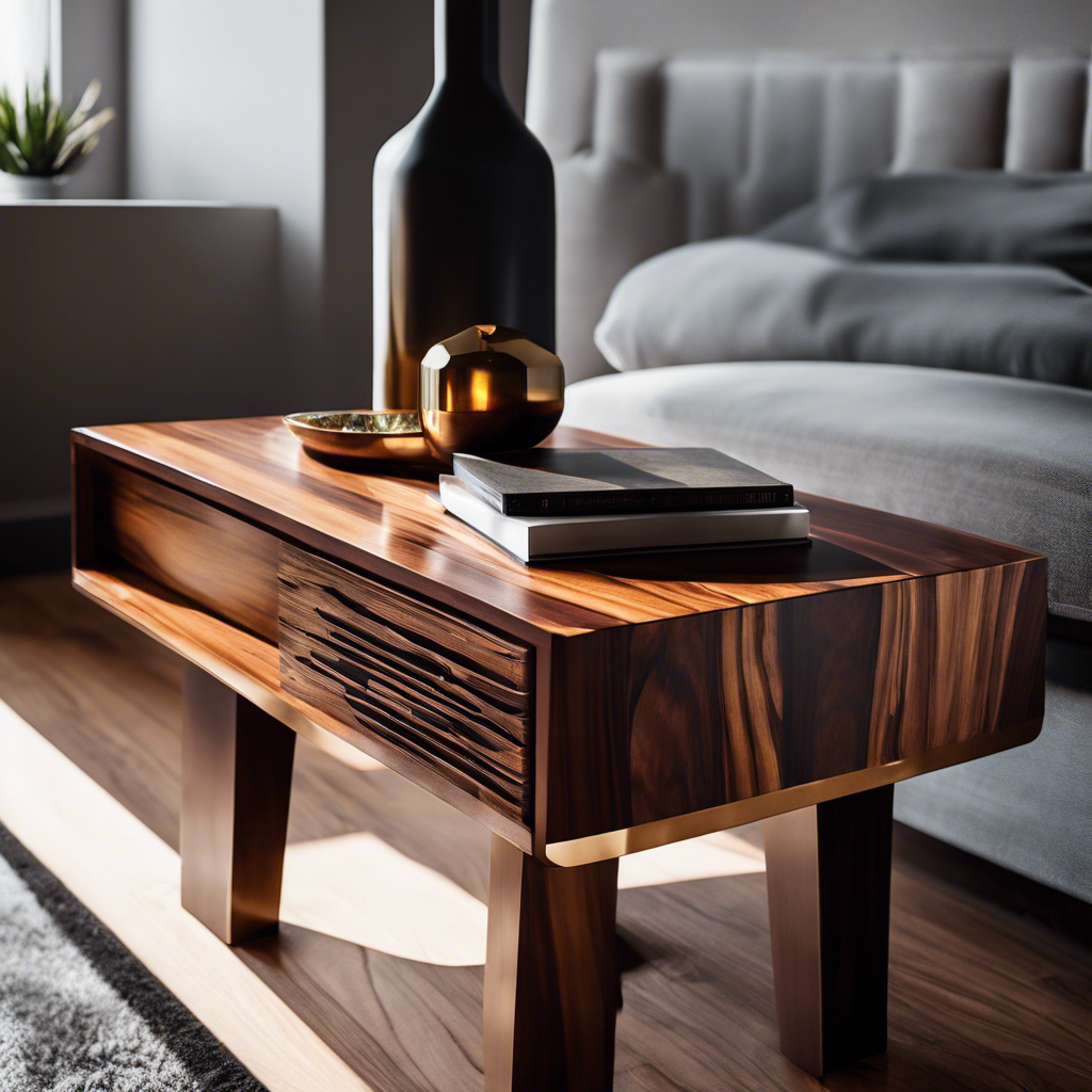 An image showcasing a stunning scrap wood end table with a flawless, glossy walnut finish