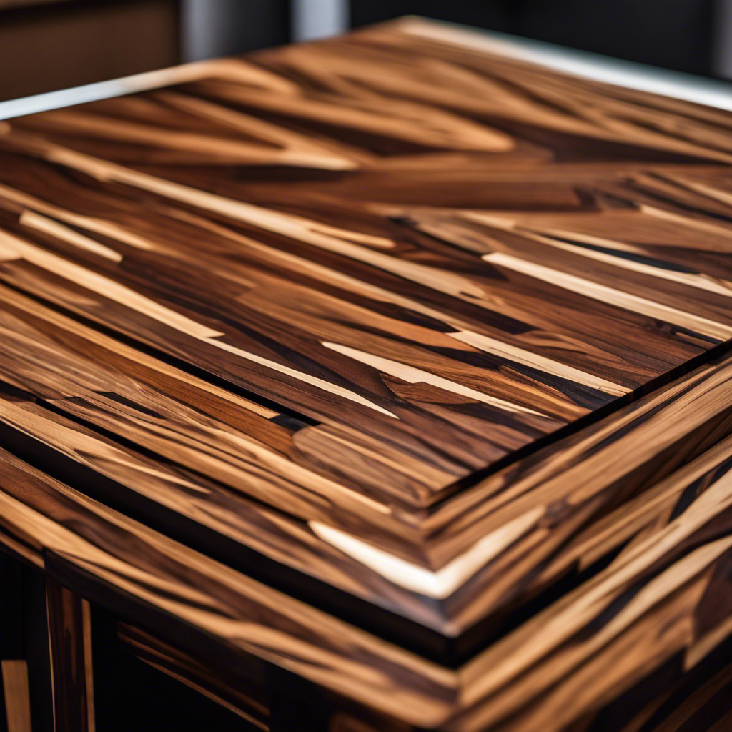 the essence of revolutionary design in a single image: A stunning scrap wood end table, boasting a sleek, asymmetrical silhouette, adorned with intricate geometric patterns, and showcasing the natural beauty of different wood grains