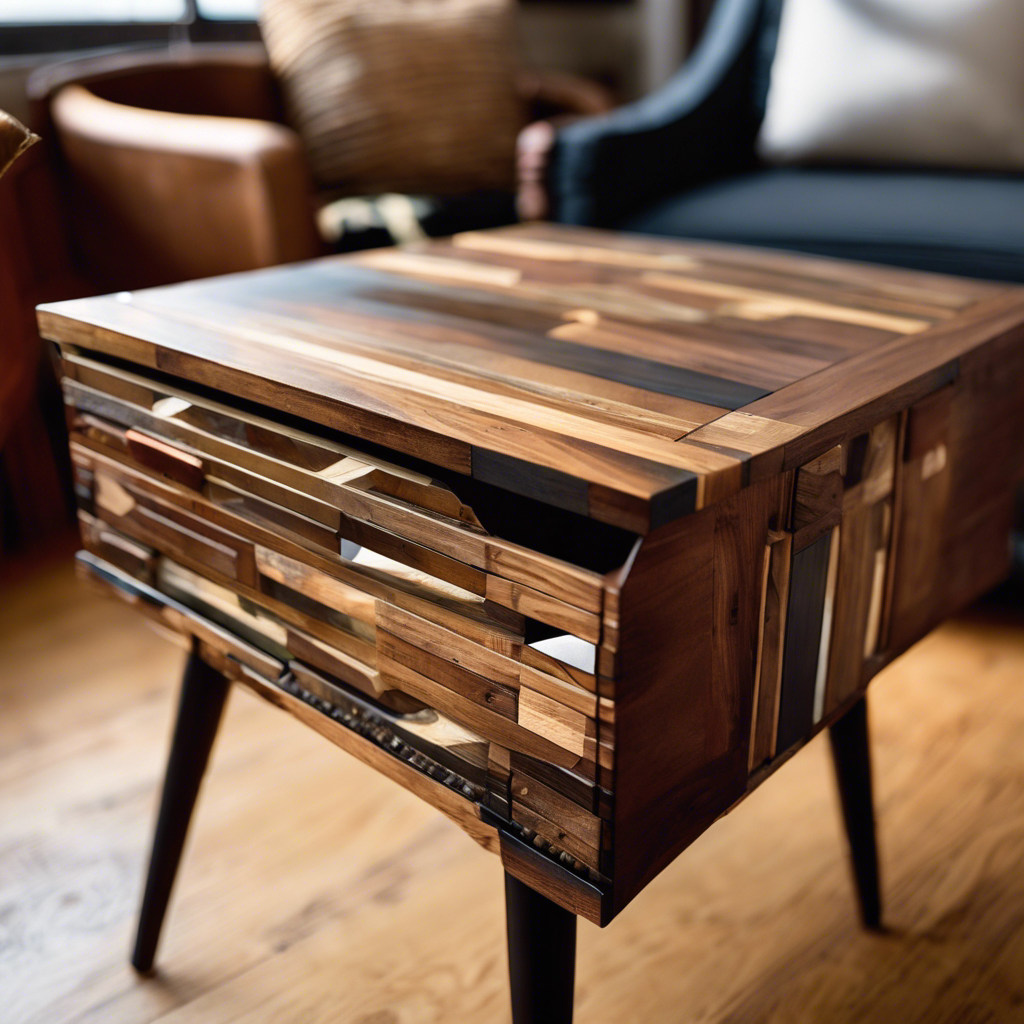 An image showcasing an exquisite end table made entirely from salvaged and repurposed scrap wood