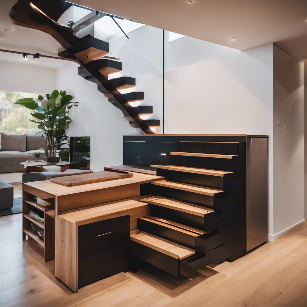 An image showcasing a sleek, space-saving staircase design in a tiny house