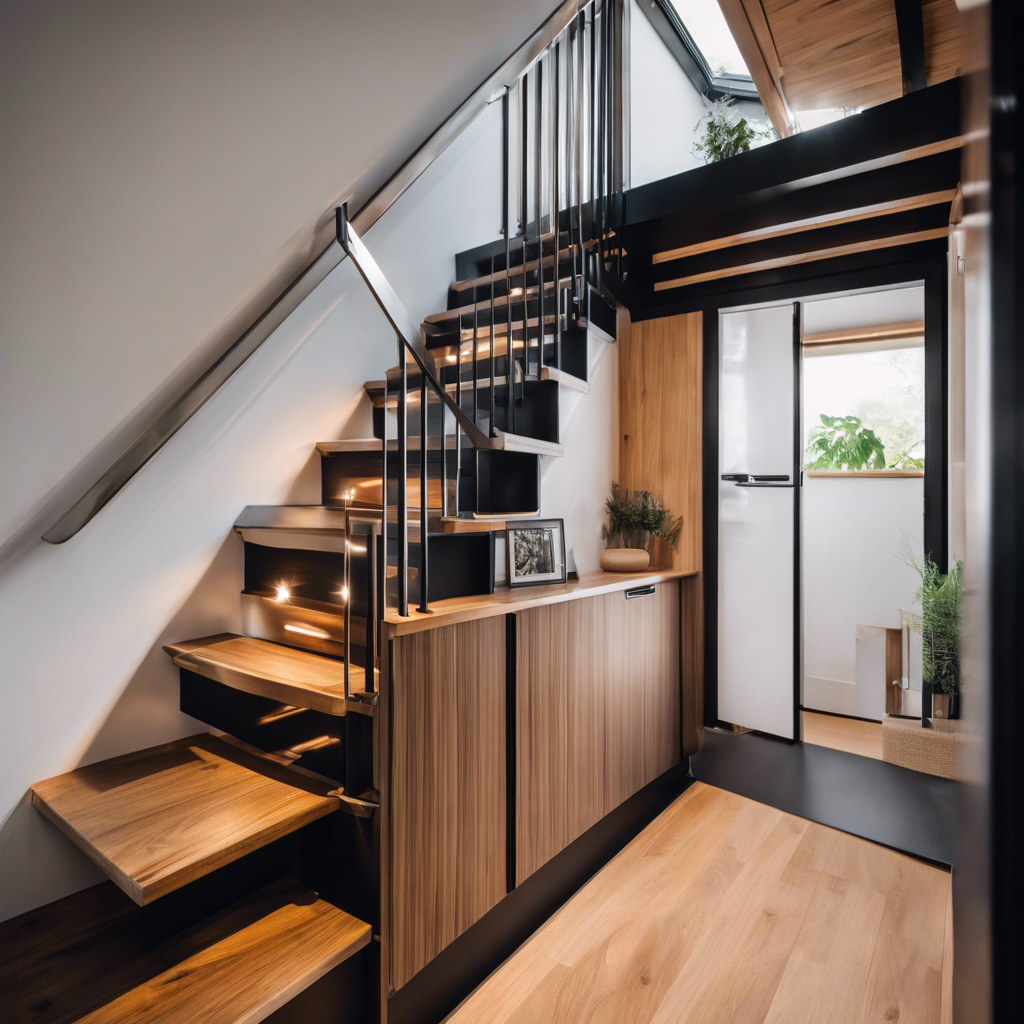 An image showcasing a sleek, space-saving staircase in a tiny house, accentuated by sturdy handrails and non-slip treads