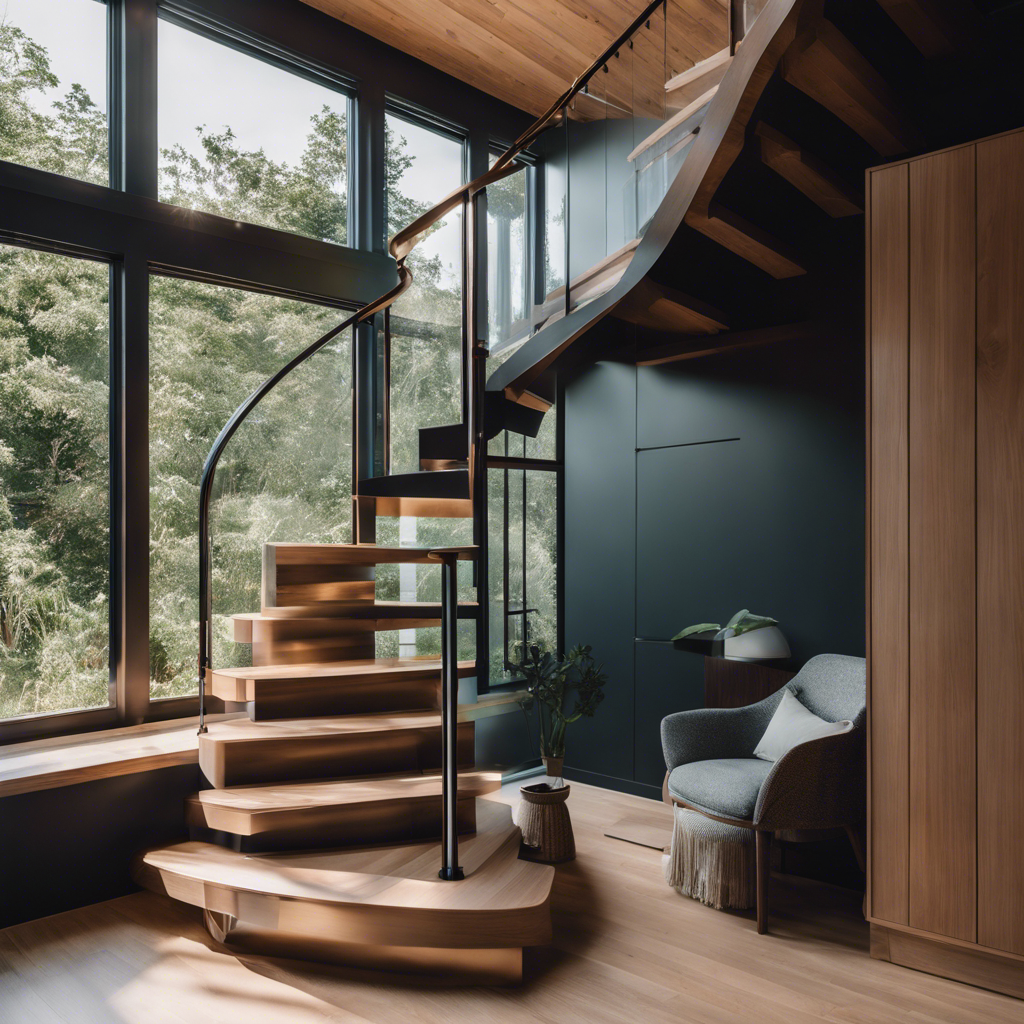 An image capturing a stylish, space-saving tiny house staircase design