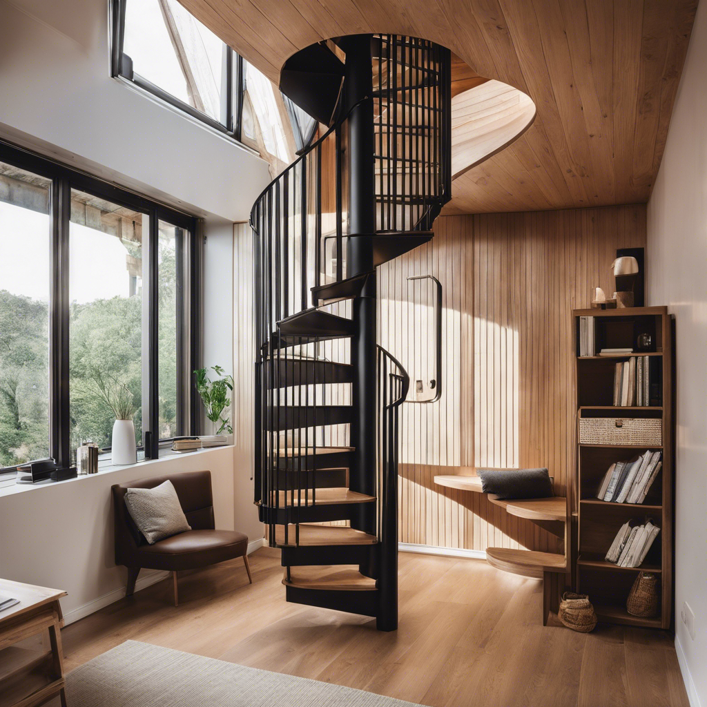 An image showcasing a space-saving spiral staircase enveloped in sleek, minimalist design, seamlessly integrated into a tiny house interior