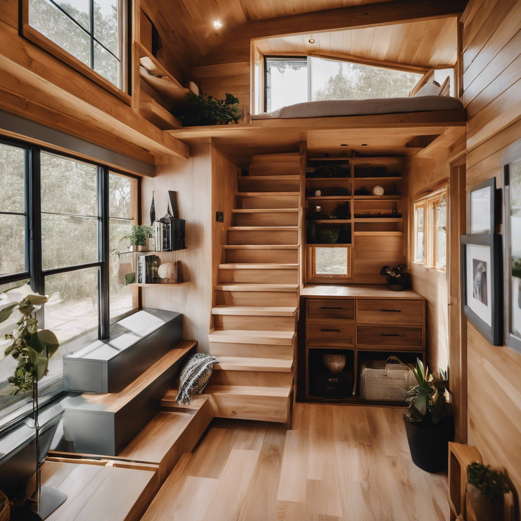 An image showcasing a stunning tiny house staircase design that cleverly integrates storage, maximizing space