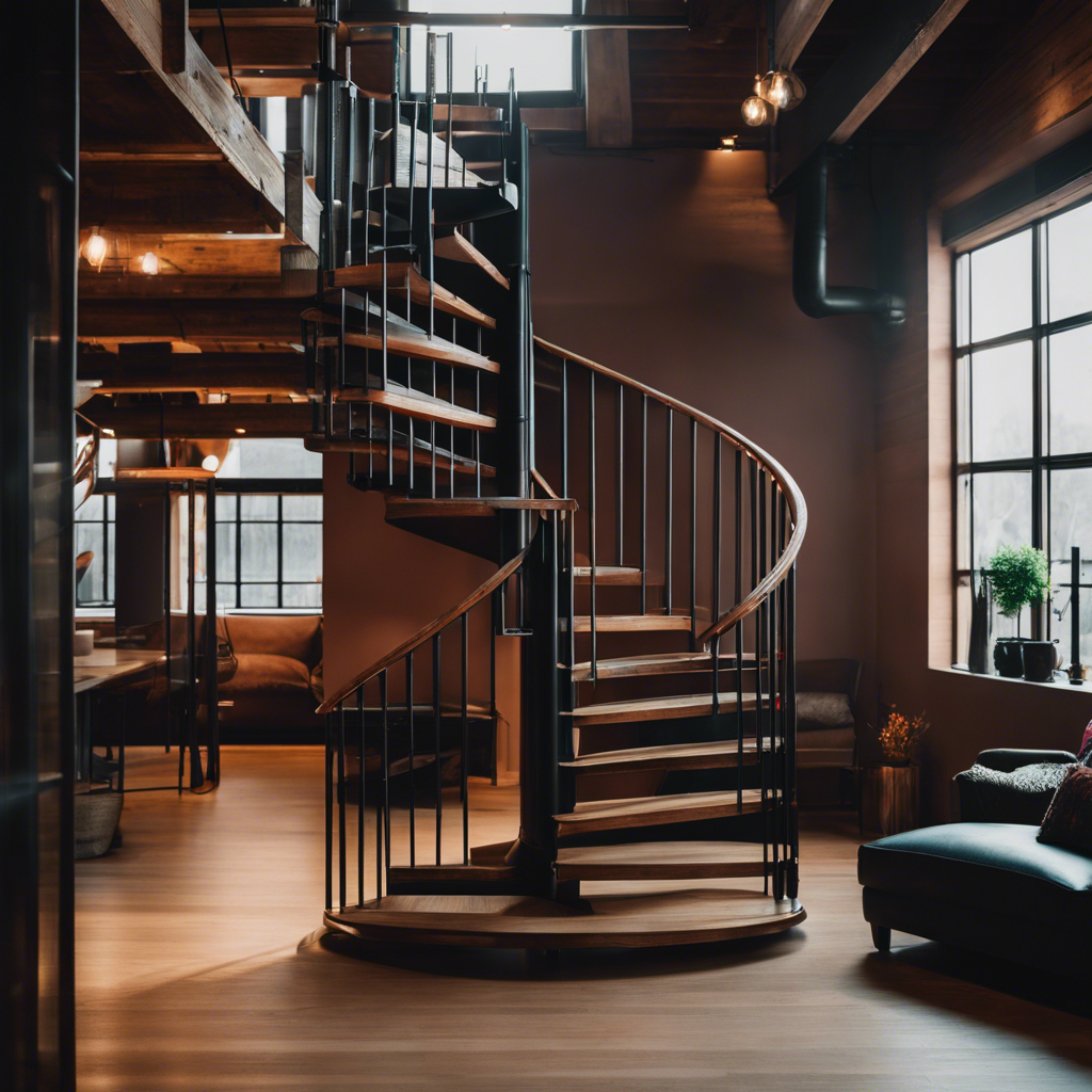 An image showcasing two contrasting stair designs: a sleek, space-saving spiral staircase highlighting the pros, and a rustic loft ladder emphasizing the cons