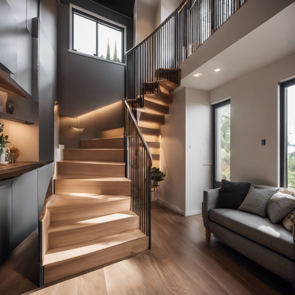 An image showcasing a sleek, space-saving staircase design in a tiny house, seamlessly blending with the modern interior