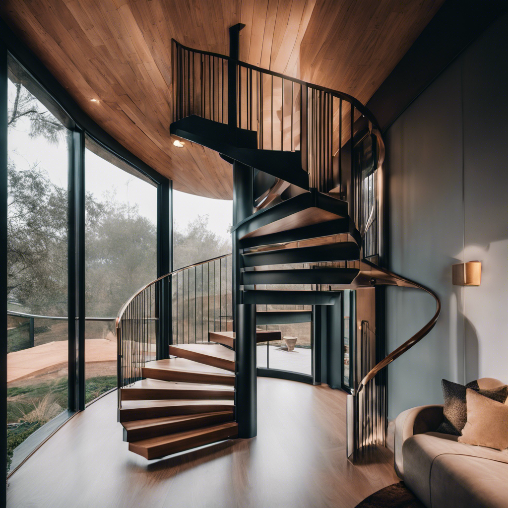 An image showcasing a spiral staircase with sleek, modern design, snaking elegantly through a tiny house