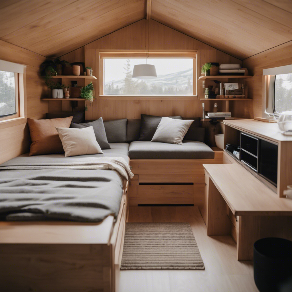 An image showcasing a minimalist interior design of a tiny house, with clever space-saving solutions like built-in storage compartments, foldable furniture, and multi-purpose fixtures, exemplifying cost-effective and efficient living