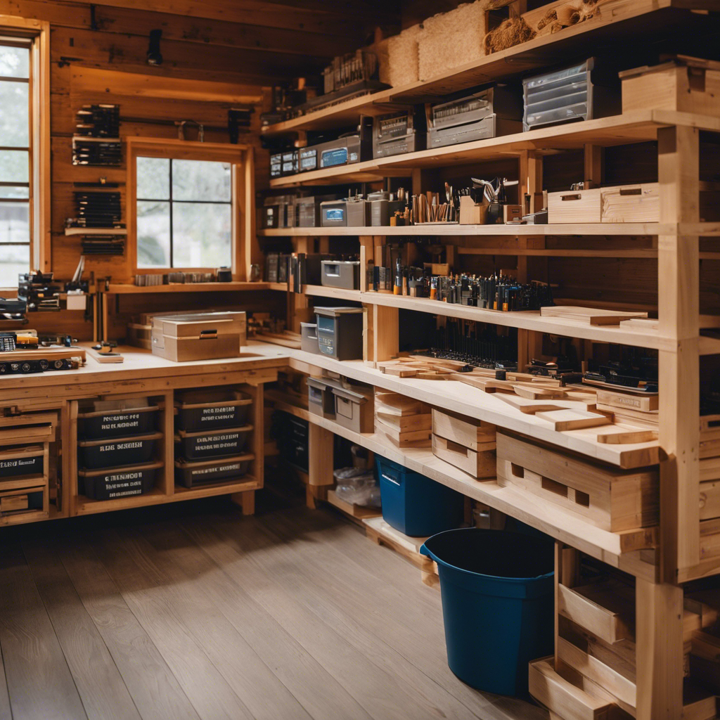 An image showcasing a meticulously organized workshop with neatly stacked lumber, labeled bins of hardware, and a detailed blueprint on a workbench, emphasizing efficient material usage in a tiny house build