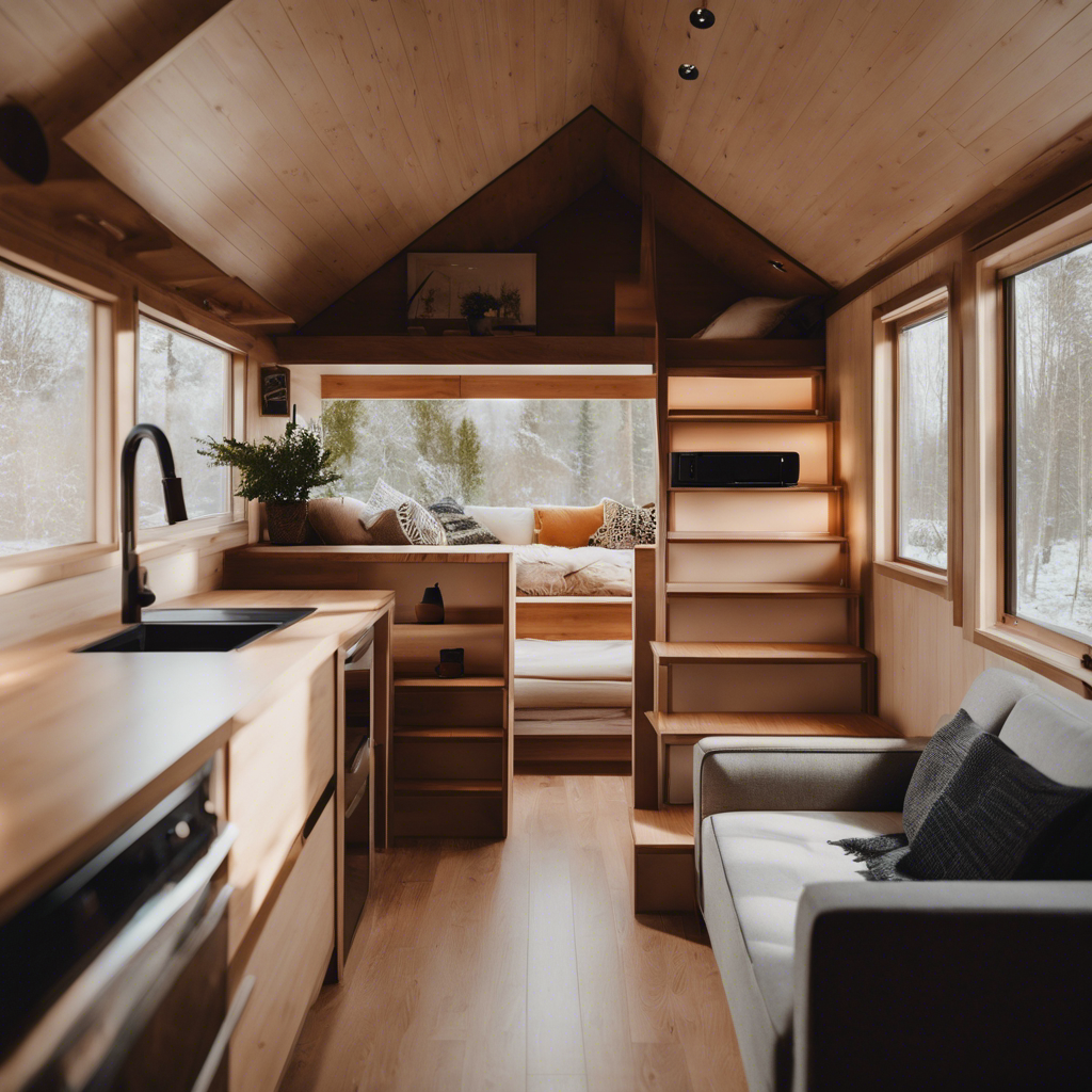 An image showcasing a minimalist and compact layout for a tiny house, featuring smart design choices like multifunctional furniture, built-in storage solutions, and maximized natural light to reduce construction and future maintenance costs