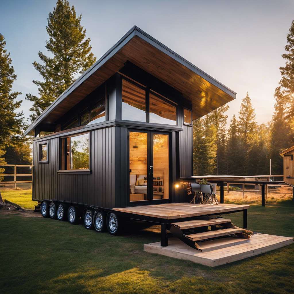 An image that showcases a tiny house build with walls made of sleek, eco-friendly composite panels, a lightweight steel frame, and a roof adorned with solar panels, all contributing to significant cost reduction while maximizing savings