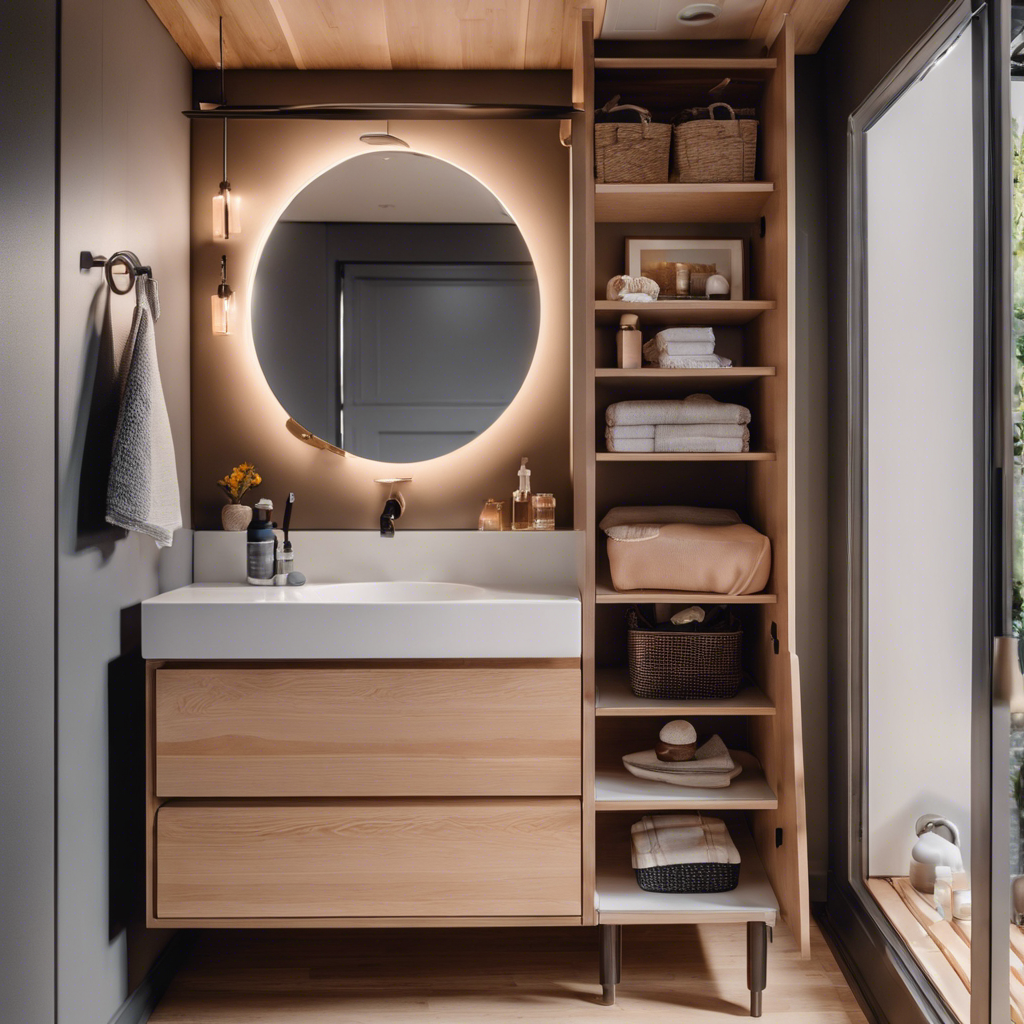 An image showcasing a cleverly designed tiny house bathroom with space-saving storage solutions