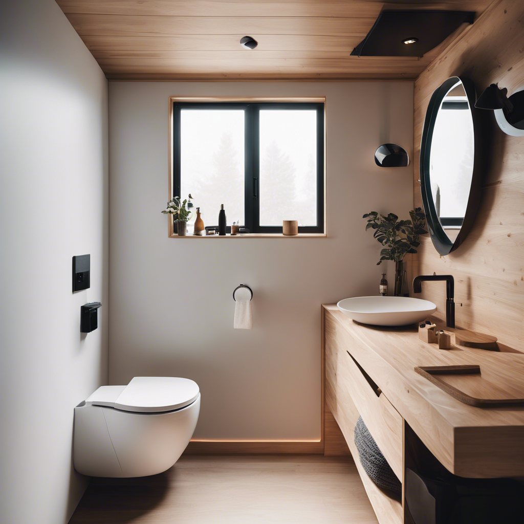 An image showcasing a minimalist, compact bathroom in a tiny house
