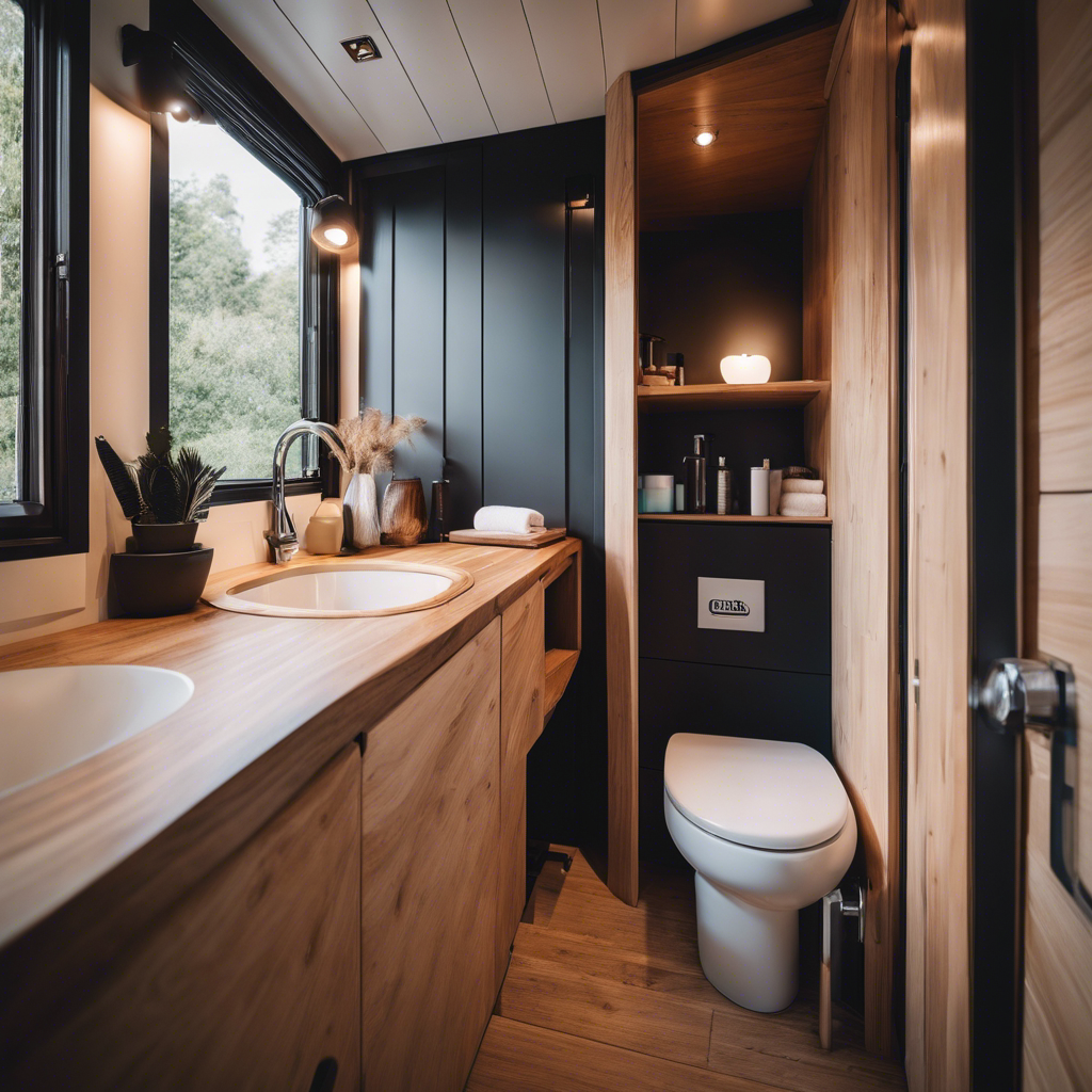 An image showcasing a compact bathroom layout in a tiny house, emphasizing clever storage solutions, a space-saving shower, a foldable sink, and a hidden toilet, all harmoniously integrated to maximize efficiency and functionality