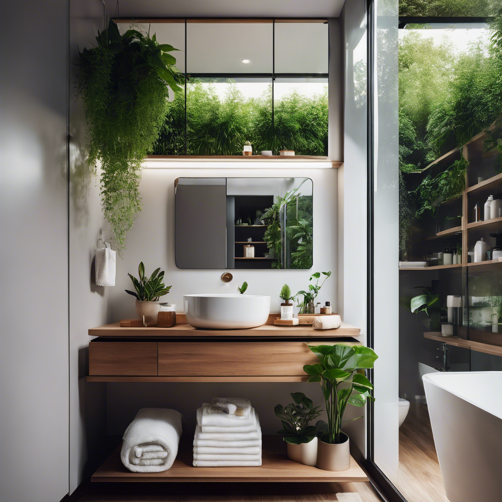 An image showcasing a sleek, minimalist bathroom in a tiny house