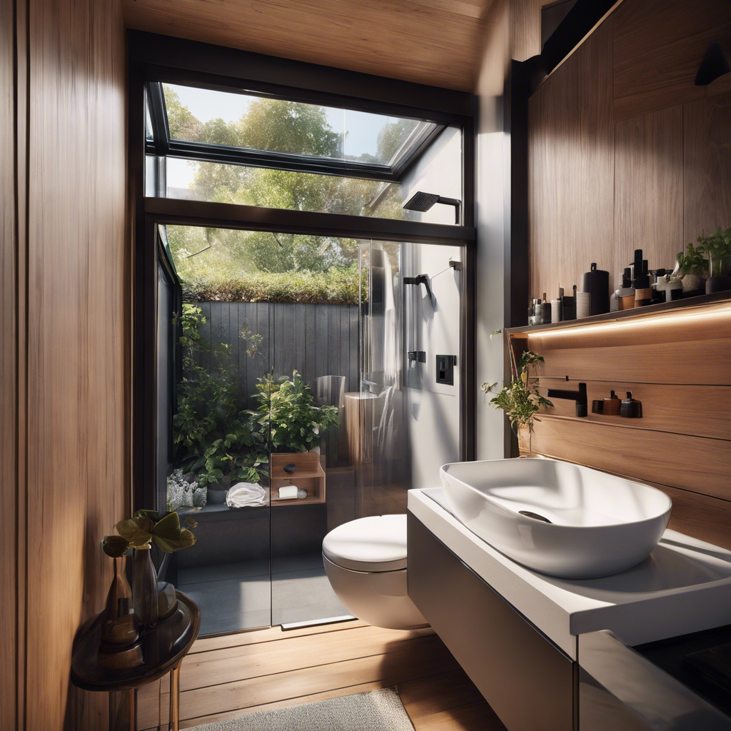An image showcasing a cleverly designed tiny house bathroom, featuring a space-efficient layout with a glass-enclosed shower, a wall-mounted sink, and hidden storage compartments cleverly integrated into the walls