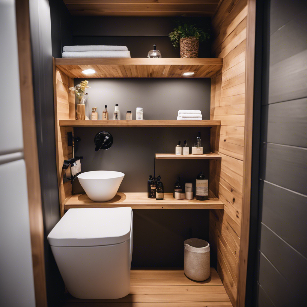 An image showcasing a cleverly designed tiny house bathroom: a compact shower stall with a built-in shelf, a foldable sink, and a hidden toilet