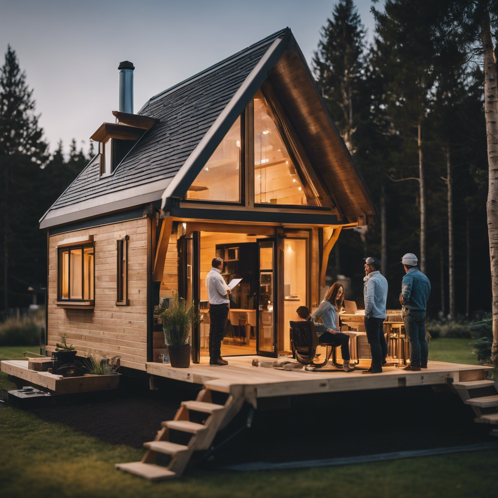 An image showcasing a homeowner earnestly discussing project plans with a skilled architect, while a team of experienced builders meticulously constructs a stunning tiny house in the background