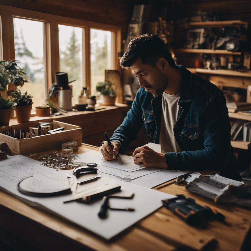 An image showcasing a person deep in thought, surrounded by sketches, blueprints, and tools, pondering the decision between DIY and hiring a professional for their tiny house