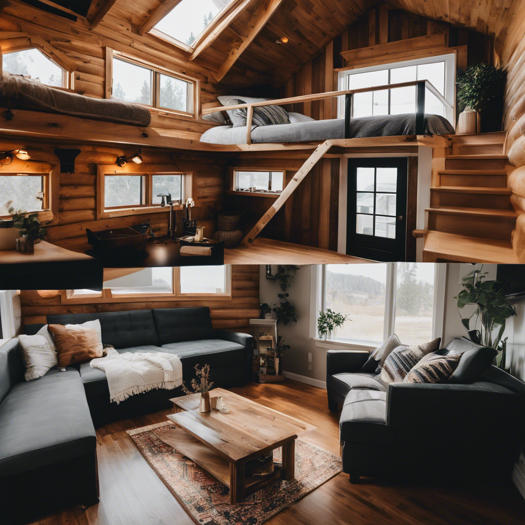 An image showcasing two contrasting loft designs in a tiny house: one professionally designed, maximizing space with sleek finishes, and the other a DIY project, featuring rustic charm but sacrificing functionality