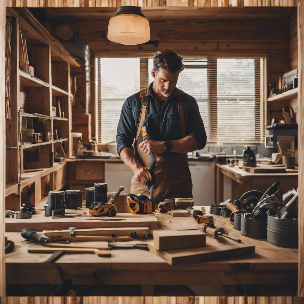 An image that showcases a person confidently swinging a hammer, surrounded by tools, blueprints, and building materials