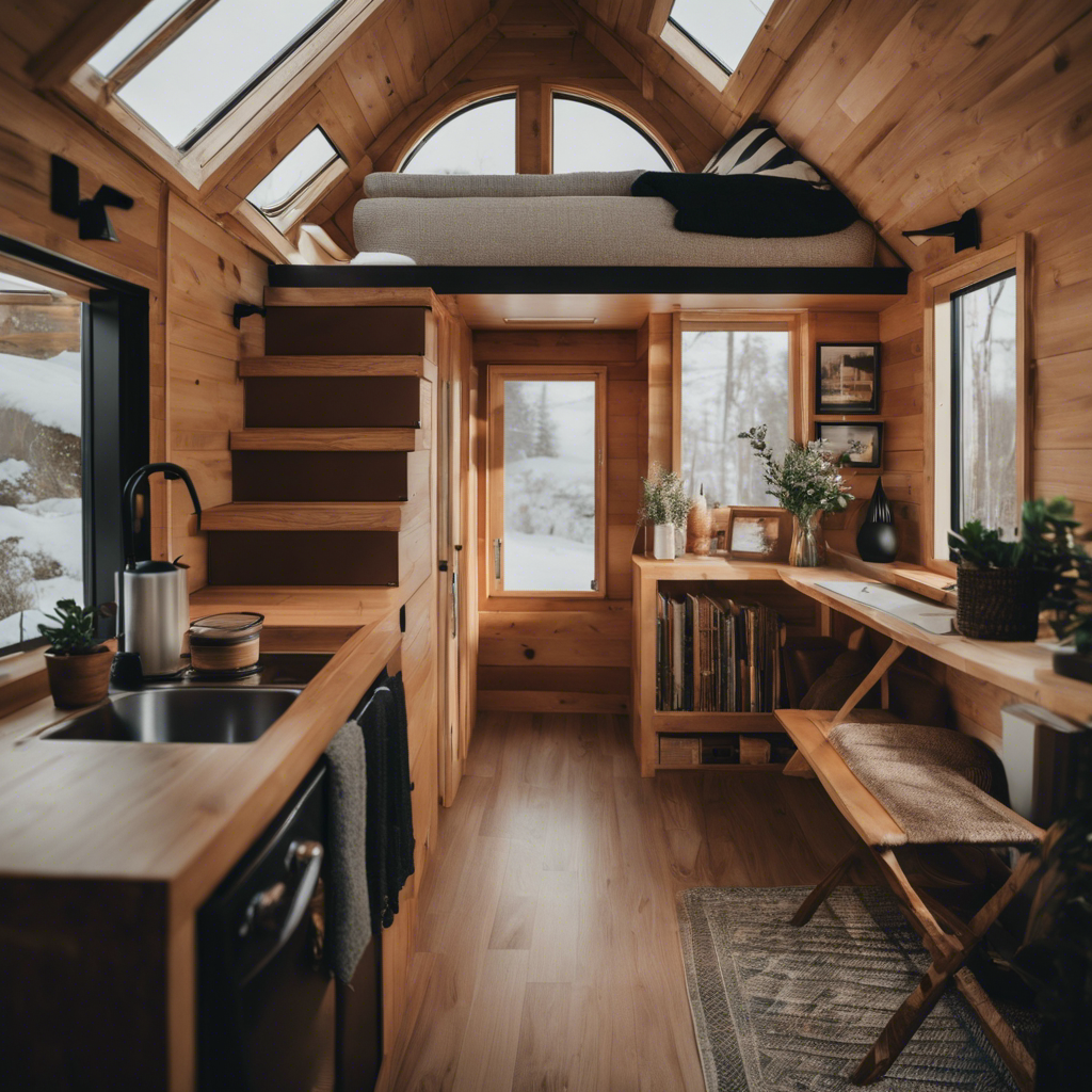 An image showcasing the interior view of a meticulously designed, loft-style tiny house
