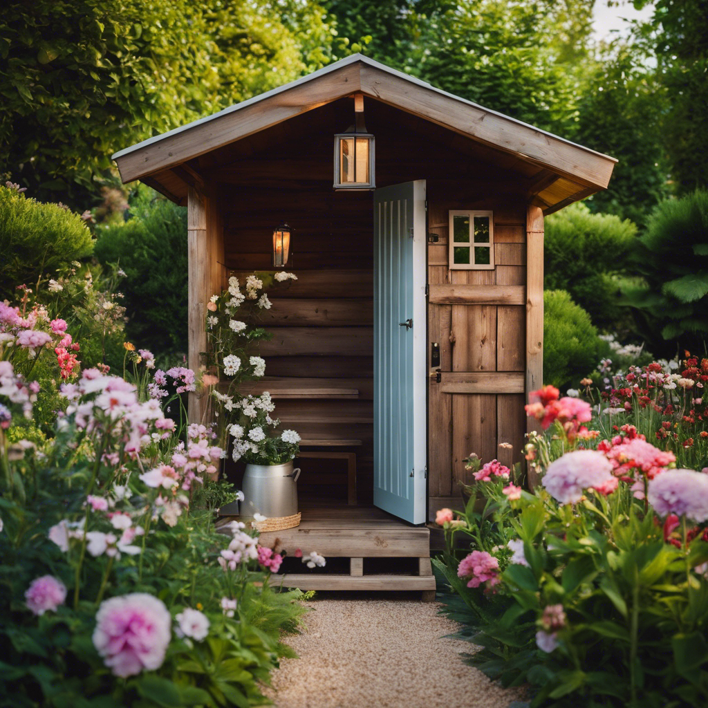 An image showcasing a clever alternative to having a bathroom inside a tiny house: a charming outhouse nestled amidst a serene garden, surrounded by blooming flowers, with a rustic wooden sign pointing towards it