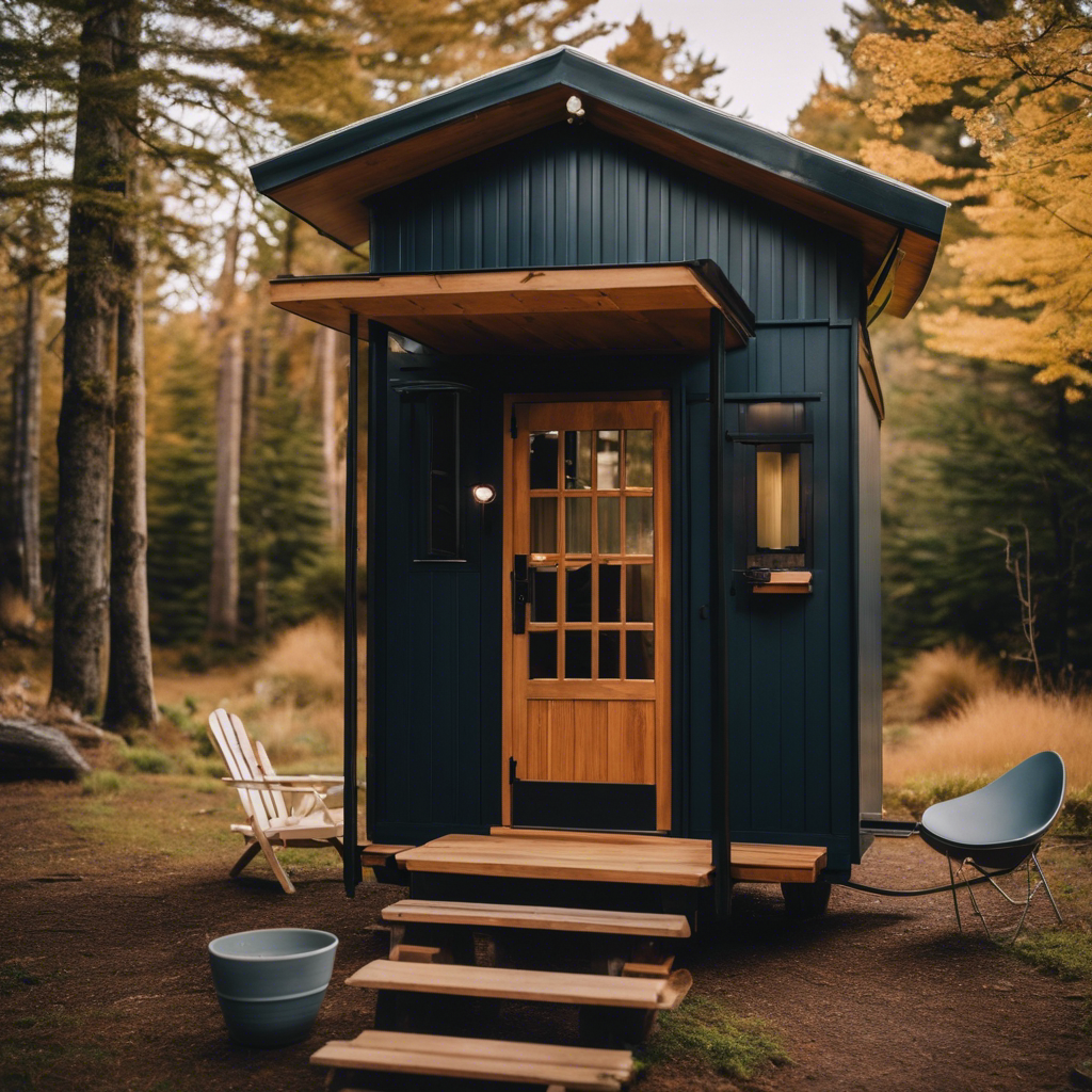 An image showcasing contrasting scenes: a serene outdoor setting with a rustic outhouse tucked away, and a modern, compact bathroom inside a tiny house