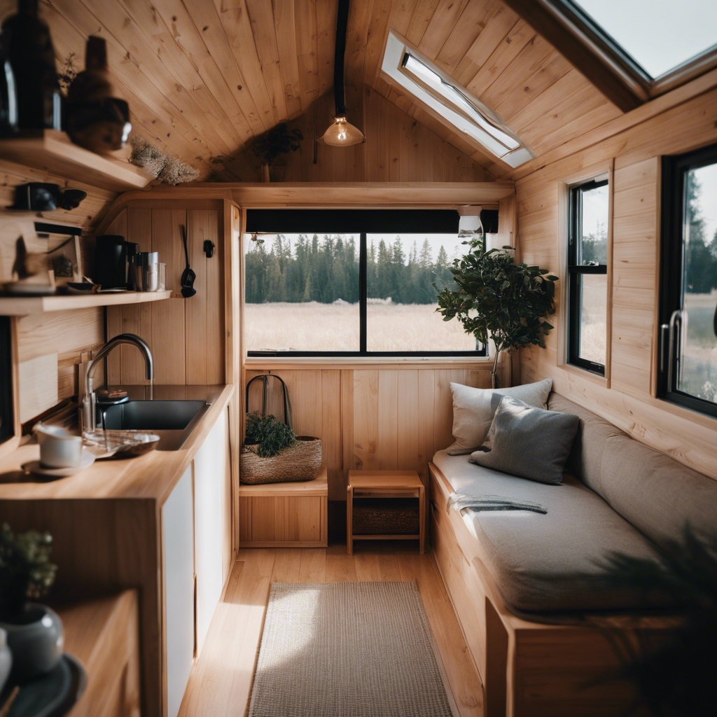 An image showing a cozy, minimalist tiny house interior with clever space-saving solutions