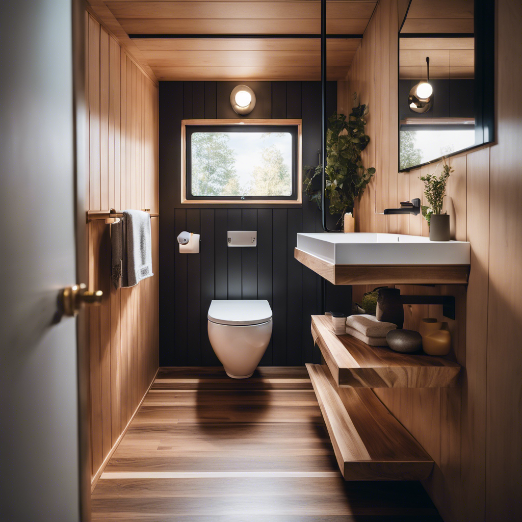 An image showcasing a compact bathroom design in a tiny house