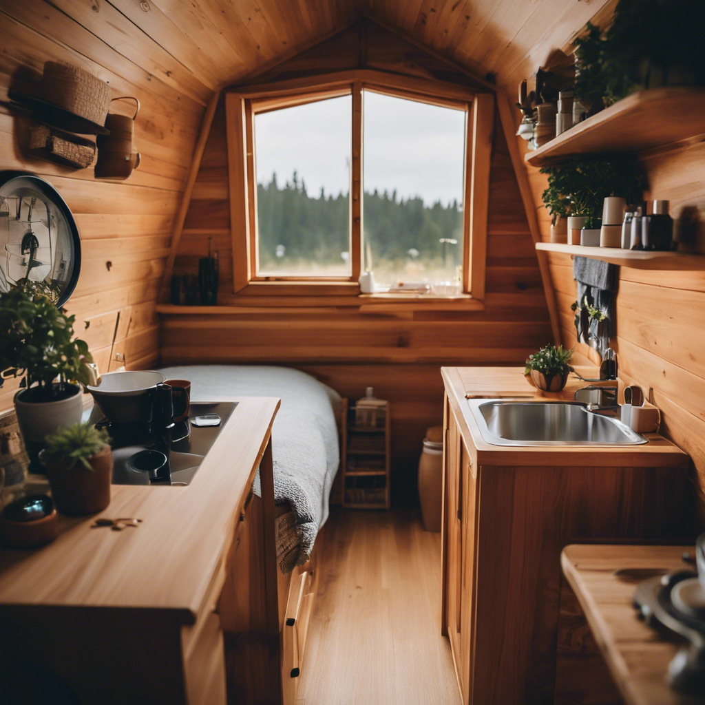  Capture the essence of the tiny house lifestyle by illustrating a cozy interior with a compact kitchen, loft bedroom, and a cleverly designed bathroom alternative, showcasing the practicality and challenges of living without a traditional bathroom