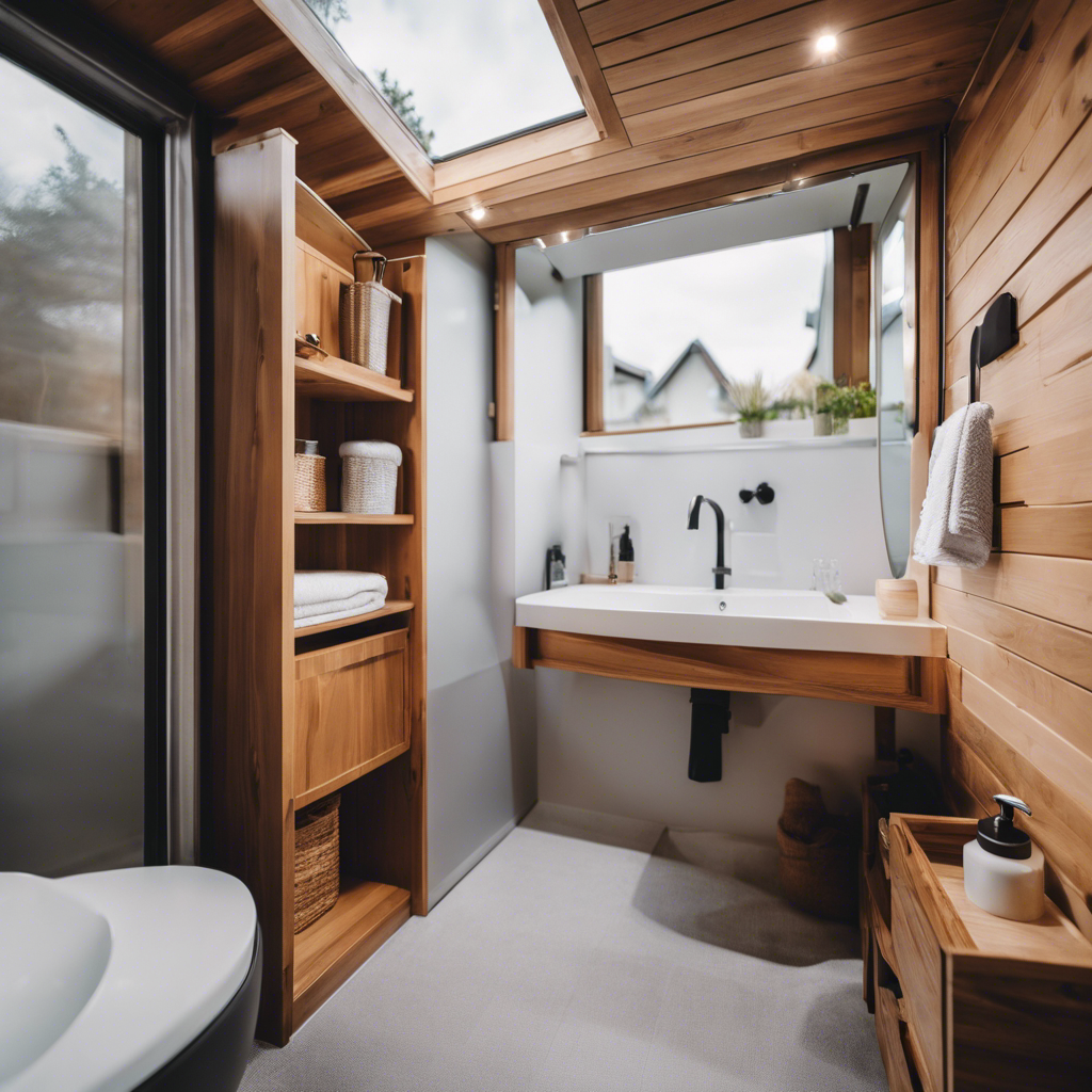 An image showcasing a cleverly designed tiny house bathroom, featuring a space-saving shower with a glass door, a compact toilet tucked under a staircase, and a stylish sink with storage cabinets, all maximizing functionality and aesthetic appeal