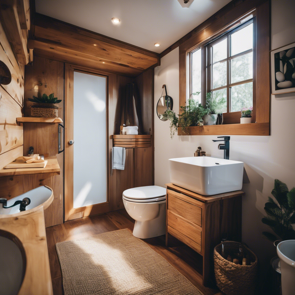 An image depicting a cozy, yet efficient, bathroom nestled in a charming tiny house