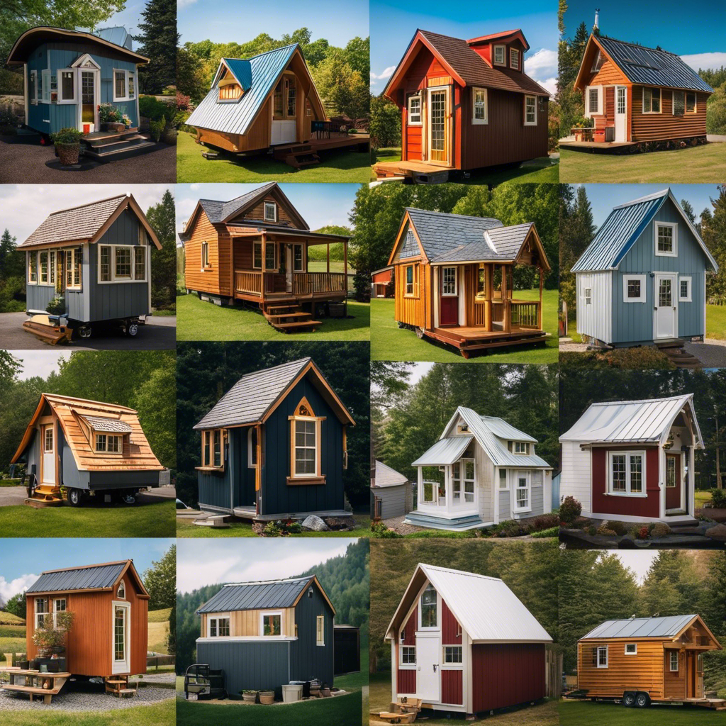 An image showcasing a collage of tiny house roofs, ranging from gable and shed designs to gambrel and curved roofs