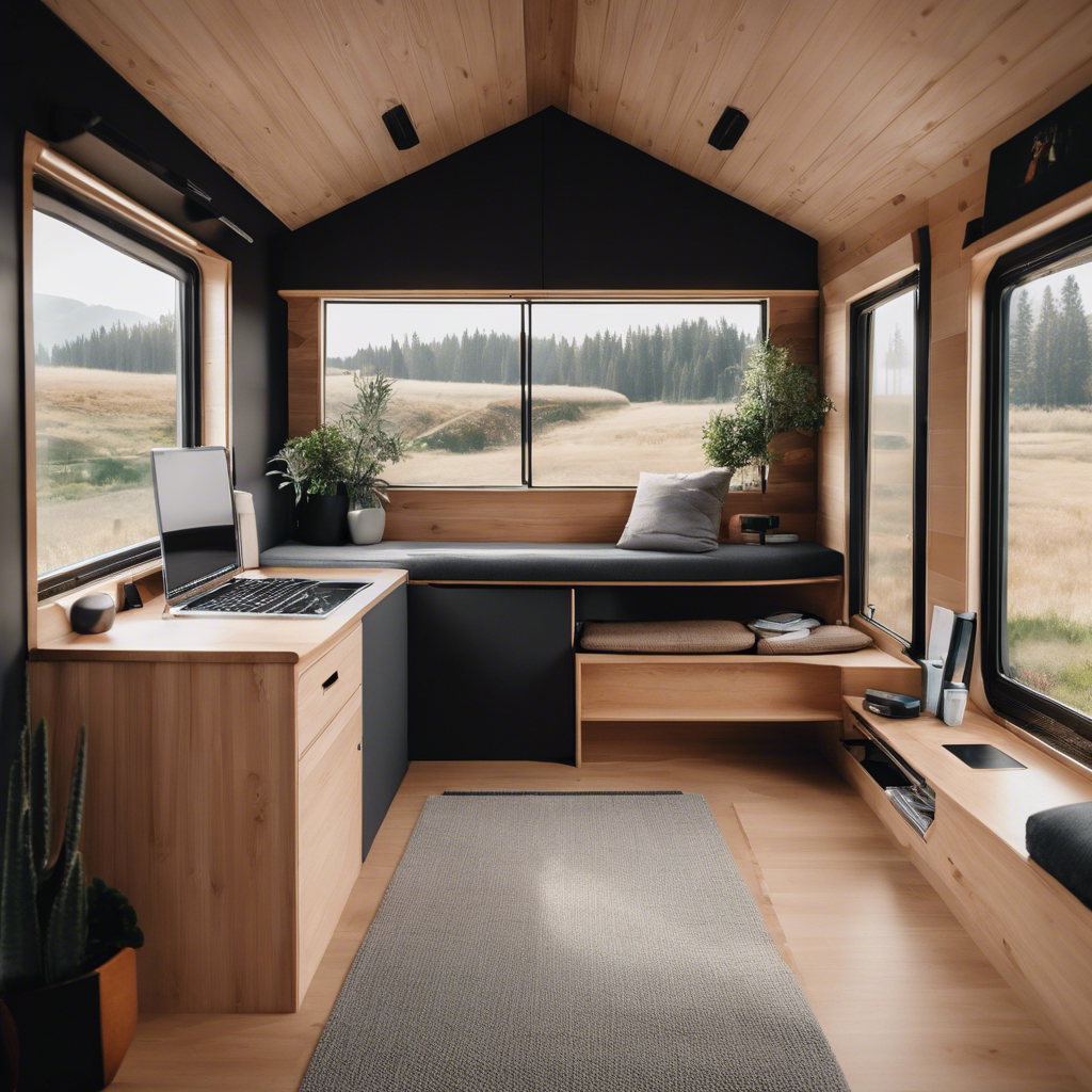 An image depicting a compact yet stylish living area in a tiny house, showcasing clever space-saving solutions like foldable furniture, built-in storage compartments, and multi-functional pieces, while capturing the essence of minimalism and efficient living