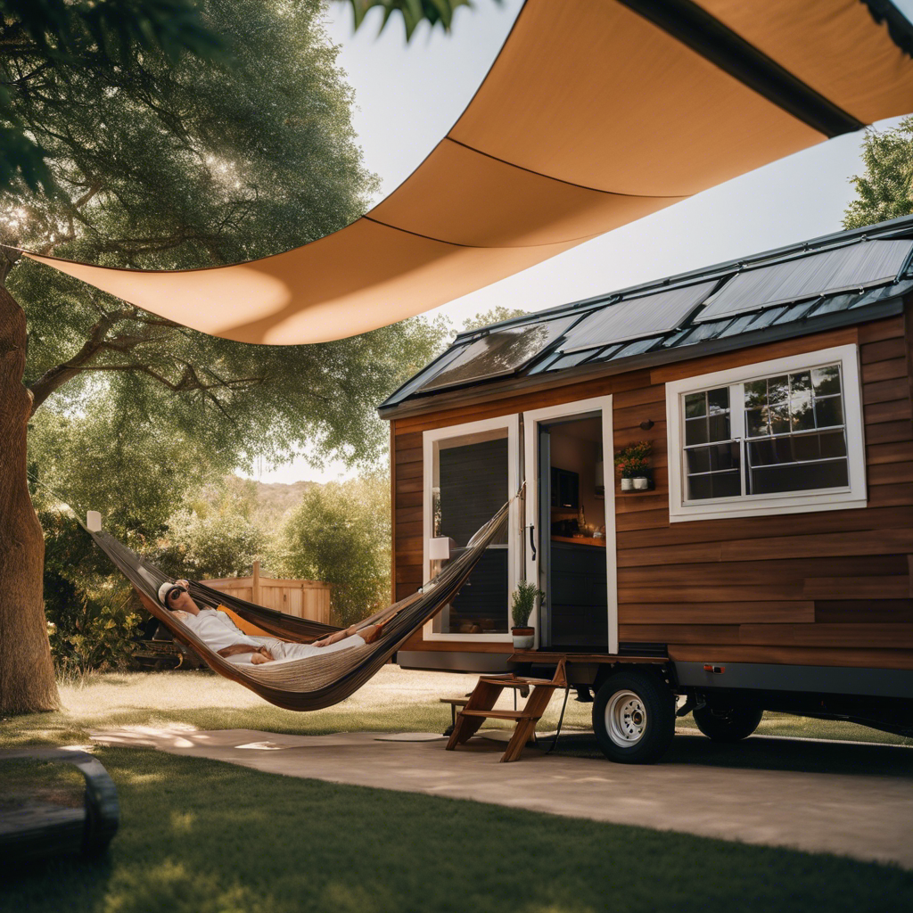 An image showcasing a tiny house expert regretfully fanning themselves in sweltering heat, while another expert blissfully lounges in a hammock under the shade of a retractable awning, highlighting the must-have upgrade of an efficient cooling system