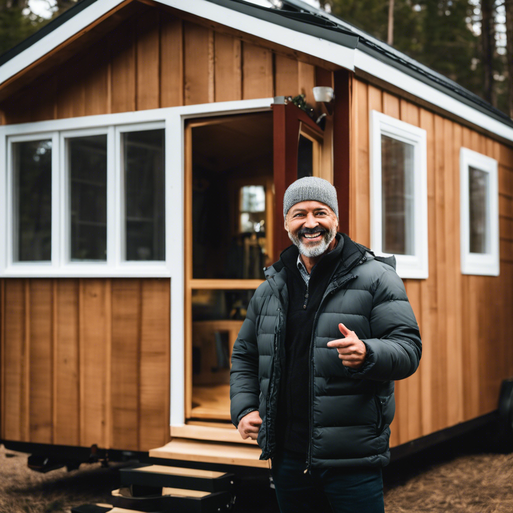 An image featuring a tiny house expert standing in front of a tiny house, highlighting regretful facial expressions while pointing at a poorly insulated window