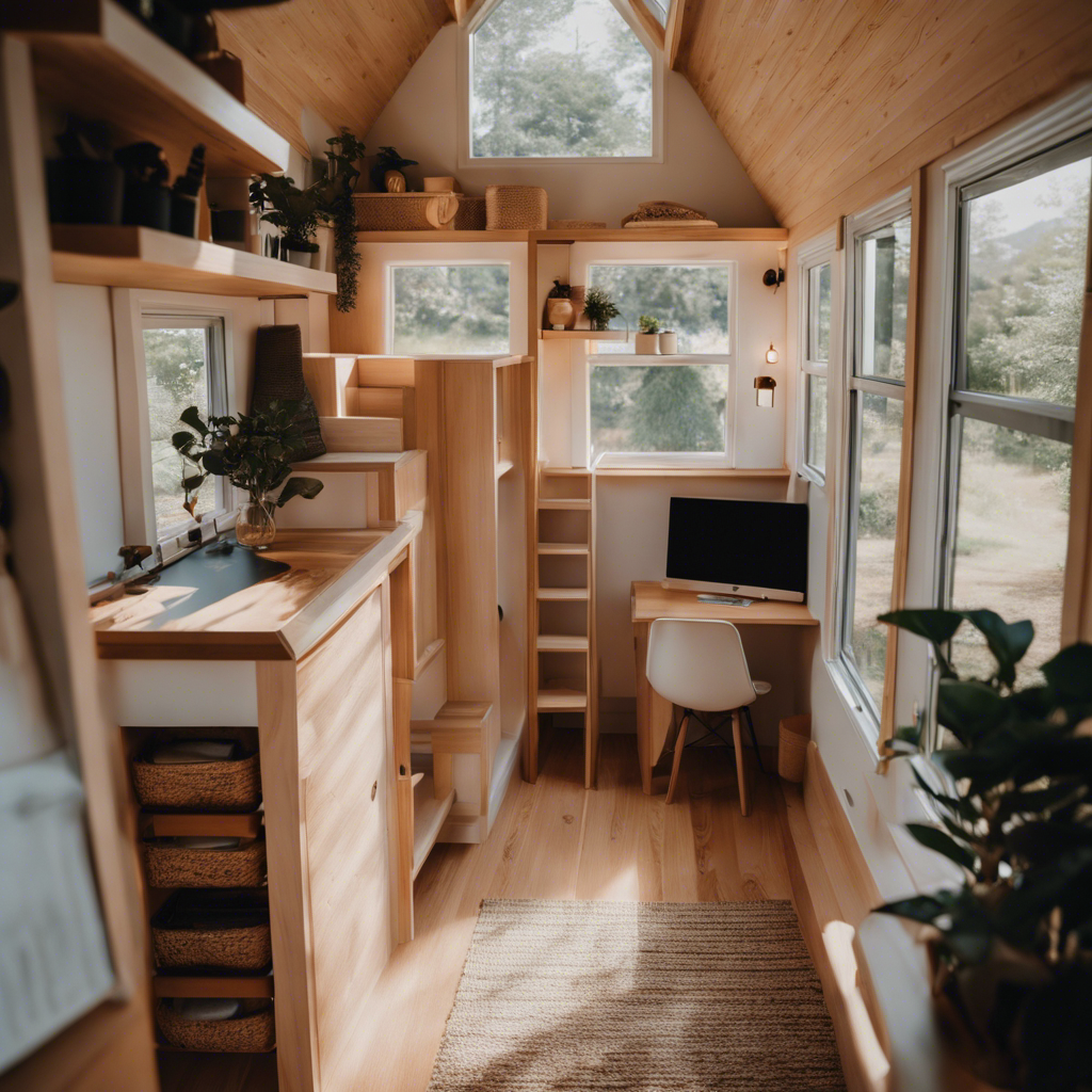 An image showcasing a cozy, clutter-free tiny house interior with a minimalist design, featuring a multifunctional furniture layout, clever storage solutions, and a small yet inviting outdoor space, evoking a sense of both regret and contentment