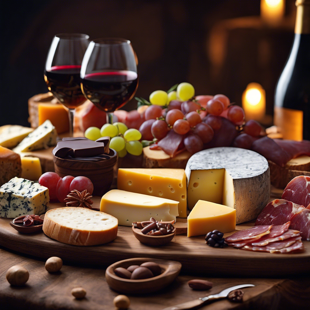 An image showcasing a rustic wooden table adorned with an array of indulgent gourmet delicacies - mouthwatering artisanal cheeses, succulent cured meats, decadent chocolates, and exquisite bottles of wine - a feast for the senses
