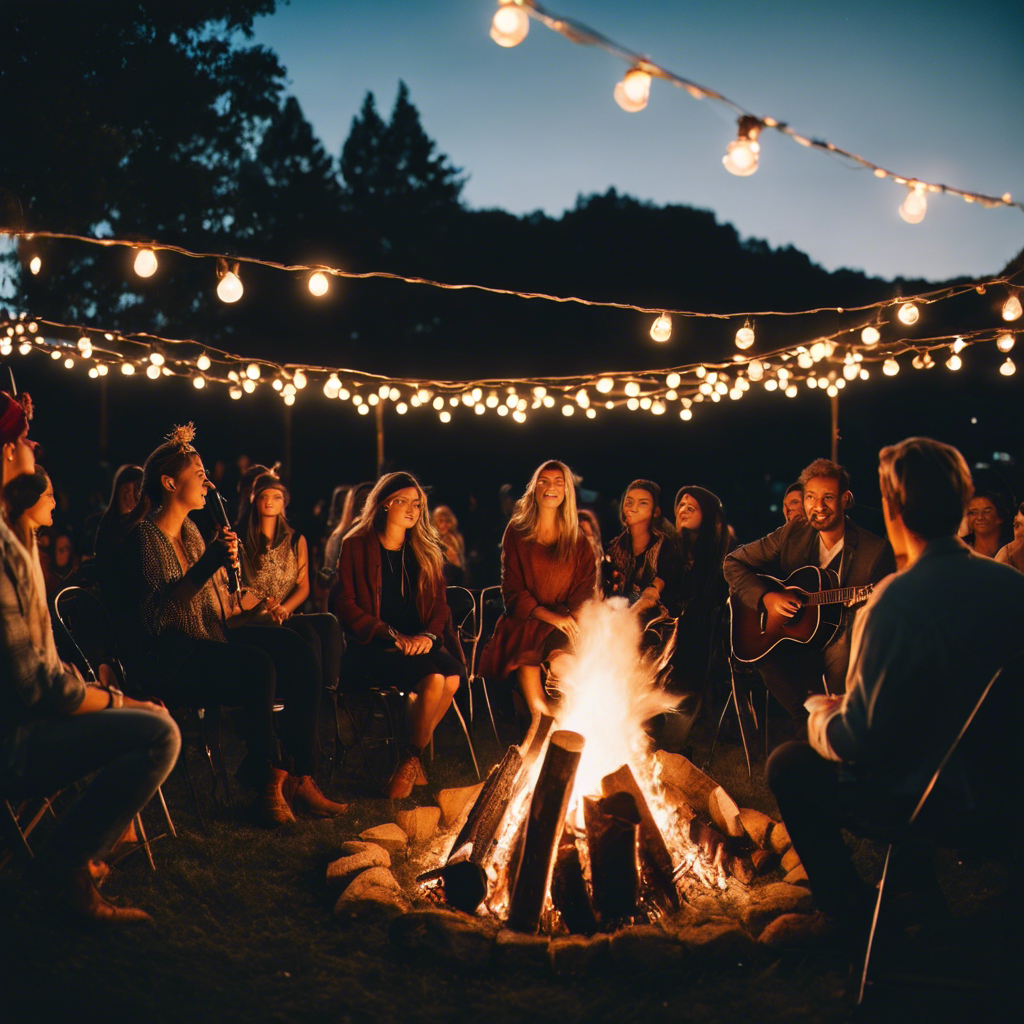 An image showcasing an intimate outdoor concert under a starlit sky, where a mesmerized audience sits around a crackling bonfire, surrounded by twinkling fairy lights, enjoying sensational live music and immersive performances