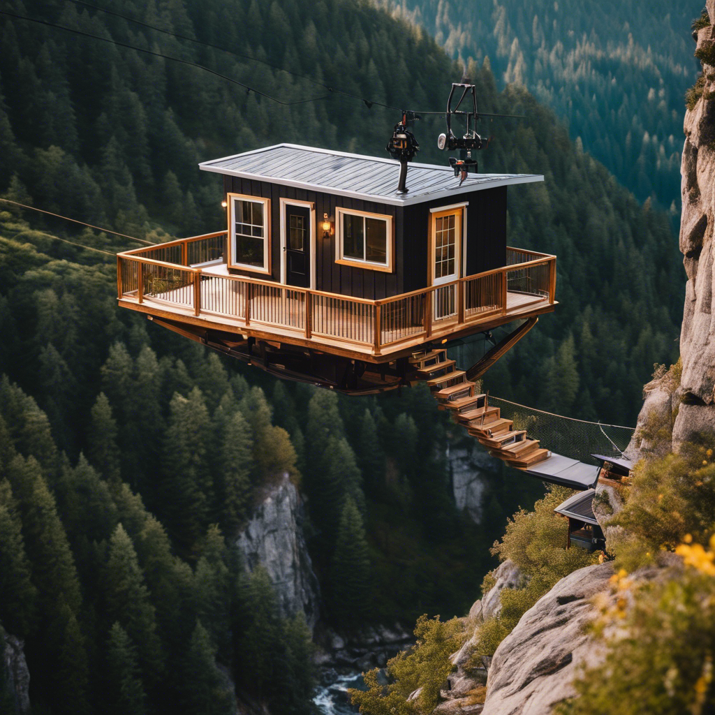 An image showcasing a tiny house perched on a breathtaking cliffside, surrounded by towering mountains