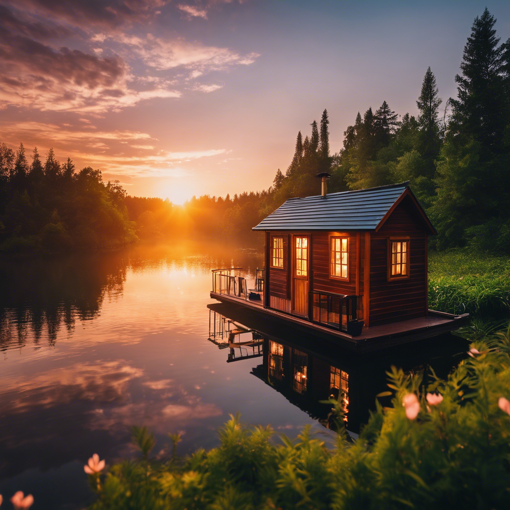  a breathtaking sunset over a serene lake, with a cozy tiny house nestled amidst lush greenery