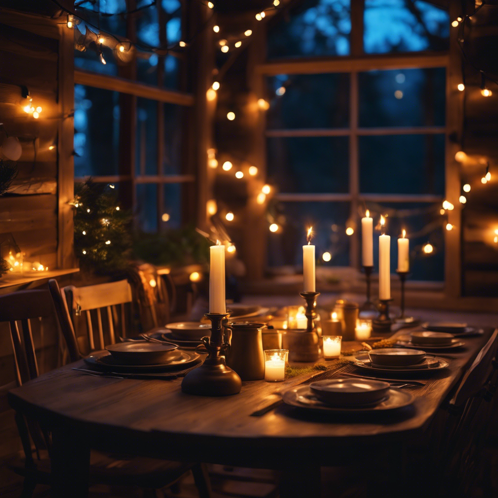 An image showcasing a cozy, candlelit tiny house dining room